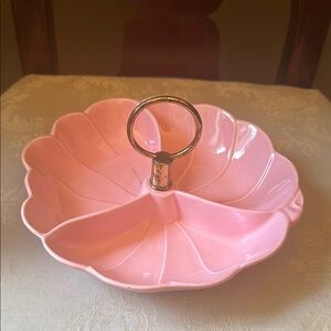 California Pottery USA vintage MCM dusty pink divided relish tray, nut dish